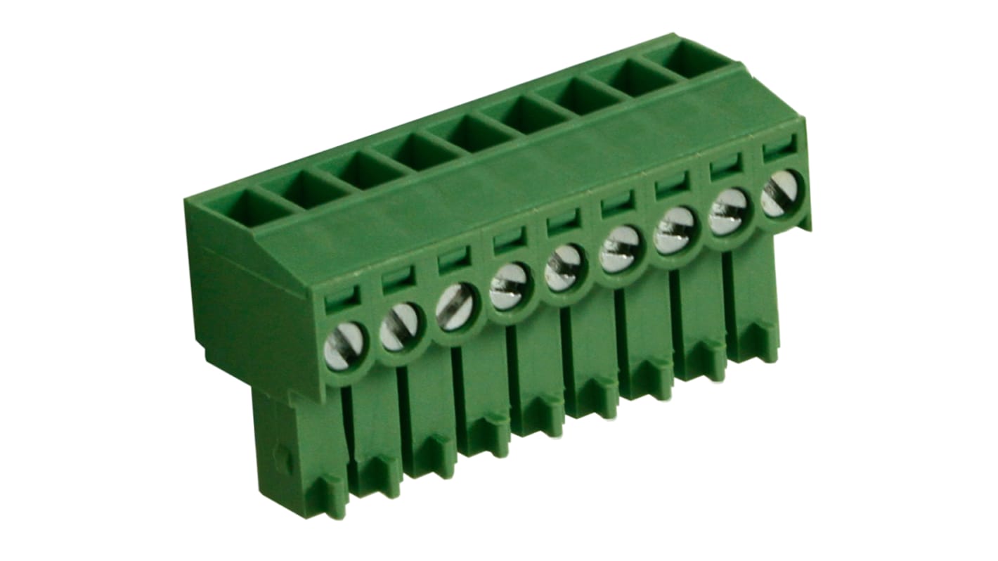 Bloque de terminal PCB Hembra a 90° RS PRO de 9 vías, paso 3.5mm, 10A, de color Verde, montaje Montaje en orificio