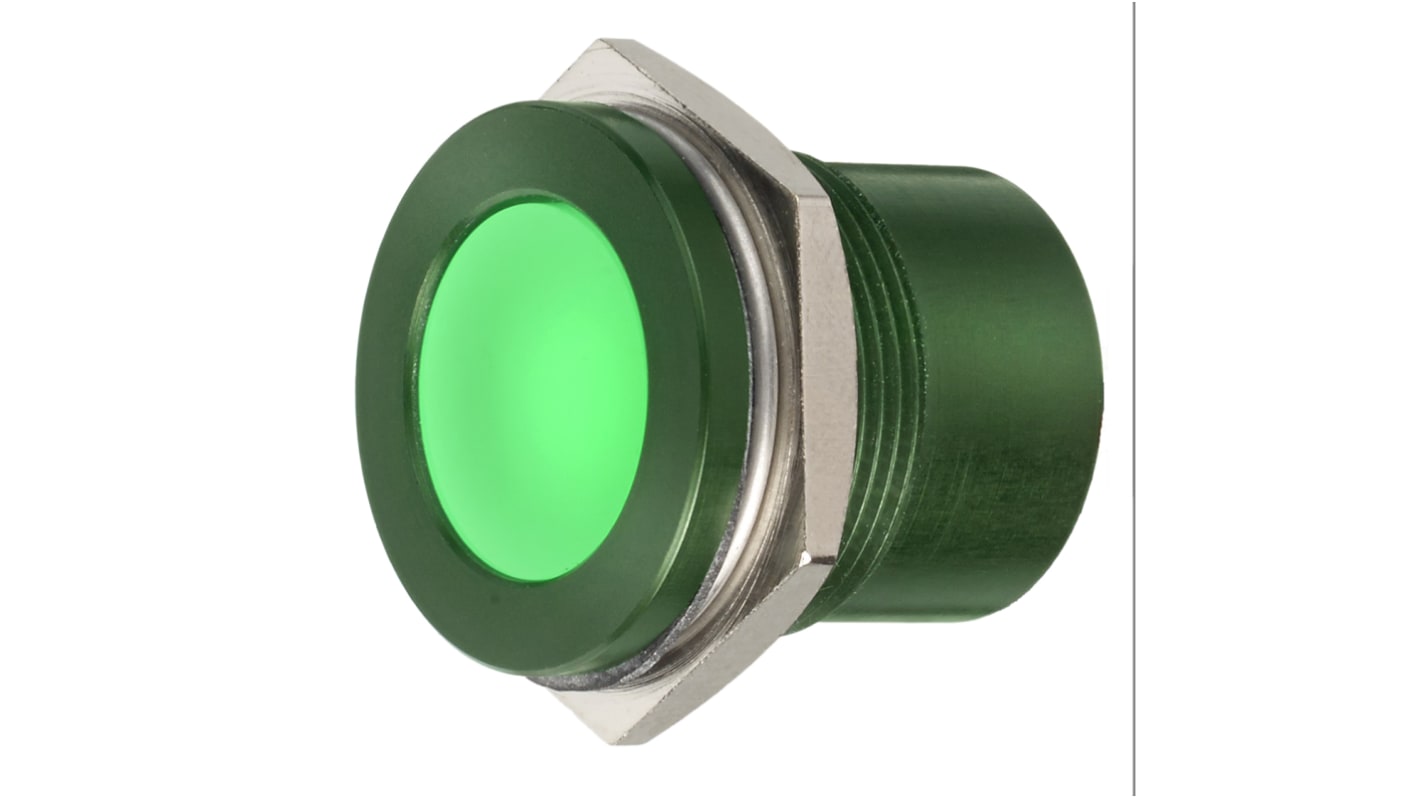 RS PRO Green Panel Mount Indicator, 28V, 22mm Mounting Hole Size, Faston, Solder Lug Termination, IP67