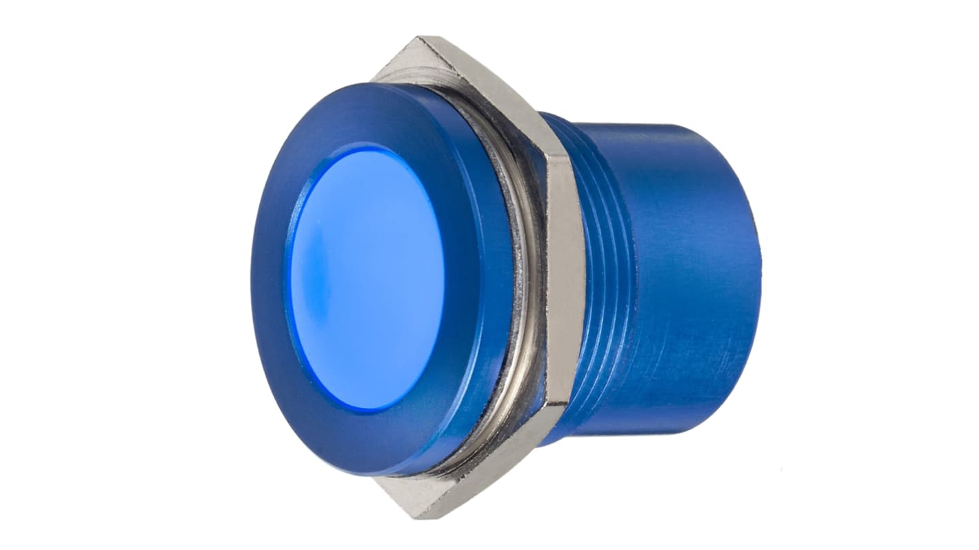 RS PRO Blue Panel Mount Indicator, 12V, 22mm Mounting Hole Size, Faston, Solder Lug Termination, IP67