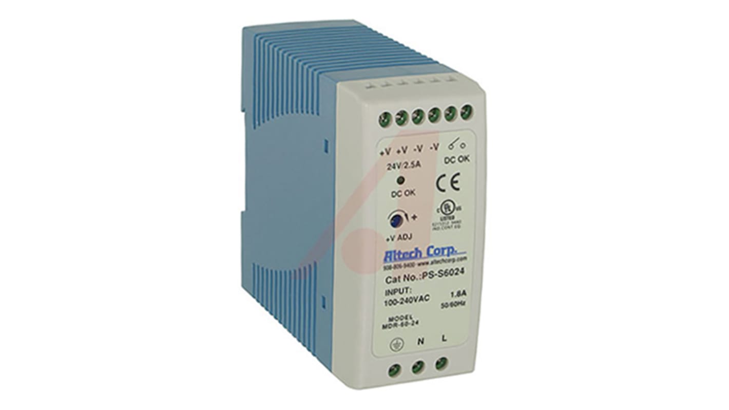 Altech PS-S60 Switch Mode DIN Rail Power Supply, 230V ac ac Input, 24V dc dc Output, 2.5A Output, 60W