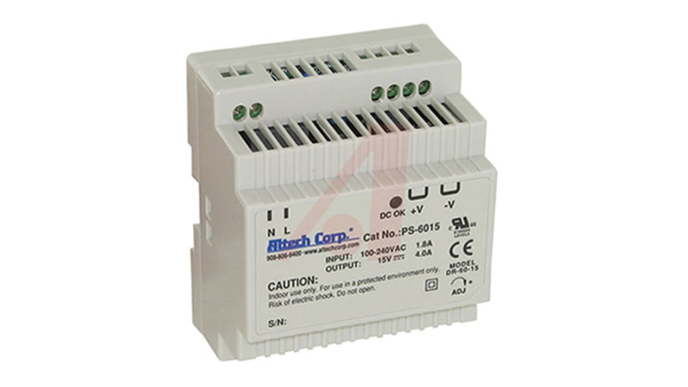 Altech PS-60 Switch Mode DIN Rail Power Supply, 88 → 264V ac ac, dc Input, 15V dc dc Output, 4A Output, 60W