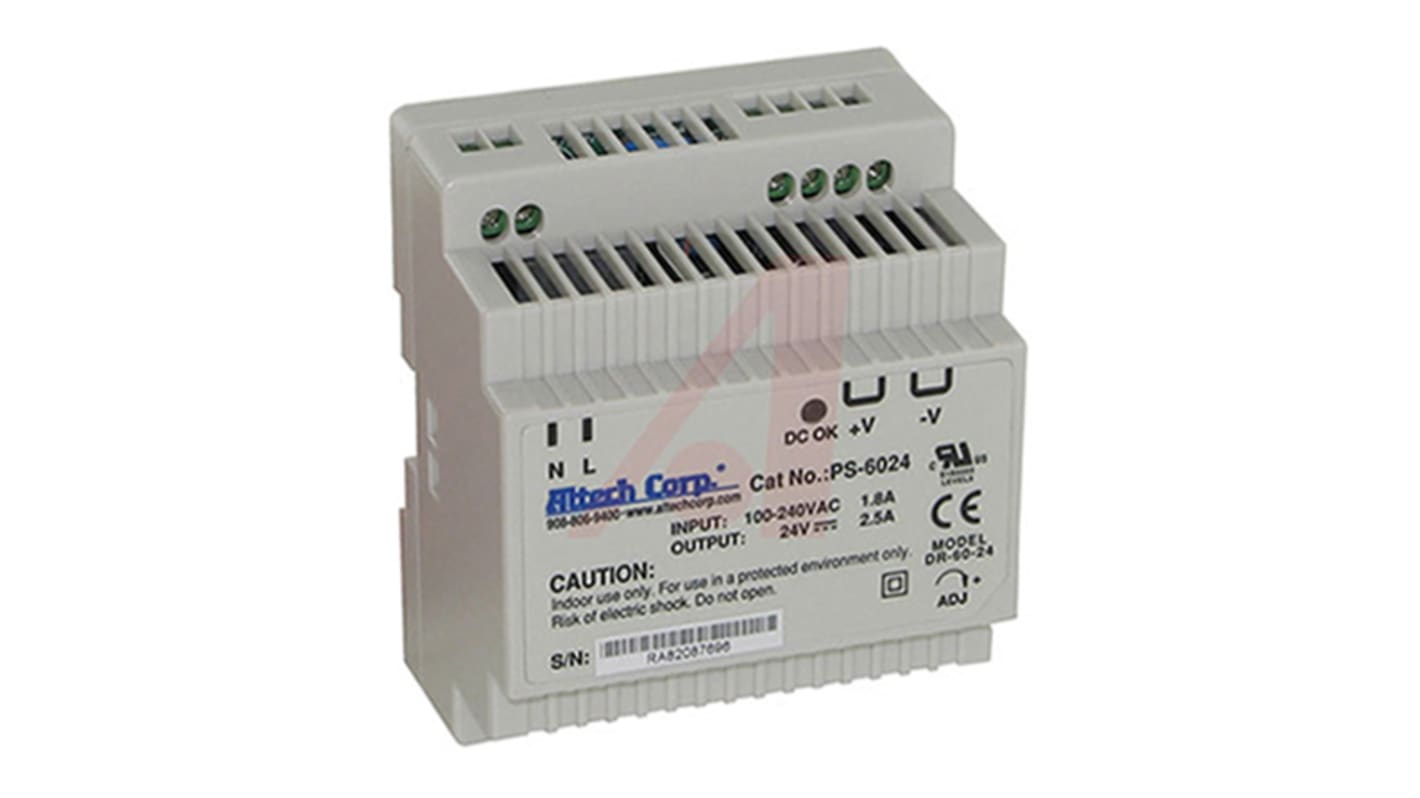 Altech PS-60 DIN Rail Power Supply ac Input dc Output, 2.5A Output, 60W