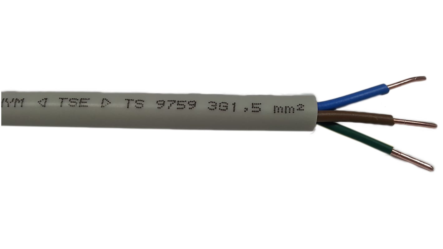 RS PRO Netzkabel, 3-adrig Typ NYM-J Grau x 2,5 mm² /Ø 10 → 12mm, 100m, 300 V, 500 V, PVC