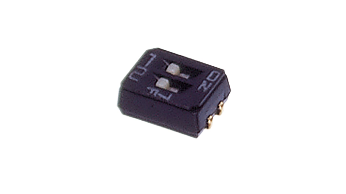 DIP kapcsoló SPST, Felületre szerelhető, 100 mA 6 V DC esetén, 25 mA 24 V DC esetén, 2-pozíciós, -40 → +85°C
