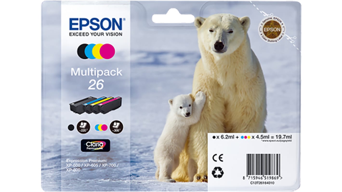 Inkoustová kazeta, Černá, azurová, purpurová, žlutá model 26 funguje s modely tiskáren Epson Expression Premium XP-600,
