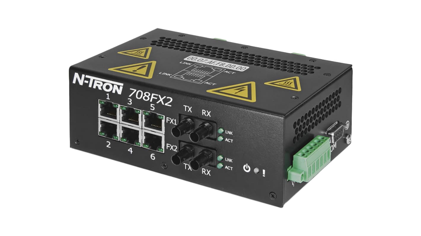 Red Lion 708FX2 Series DIN Rail Mount Ethernet Switch, 6 RJ45 Ports