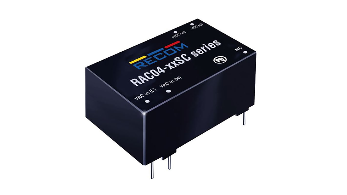Recom Switching Power Supply, RAC04-15SC/277-E, 15V dc, 267mA, 4W, 1 ...