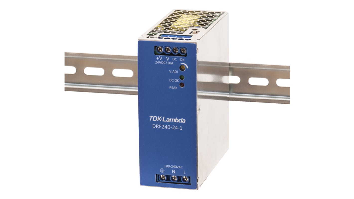 TDK-Lambda DIN-sín tápellátás, BE: 85 → 264V ac, 1 kimenet, 24V dc, 10A, 240W