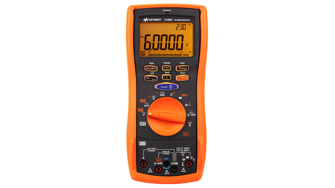 Keysight Technologies U1282A Handheld Digital Multimeter, True RMS, 10A ac Max, 10A dc Max, 1000V ac Max