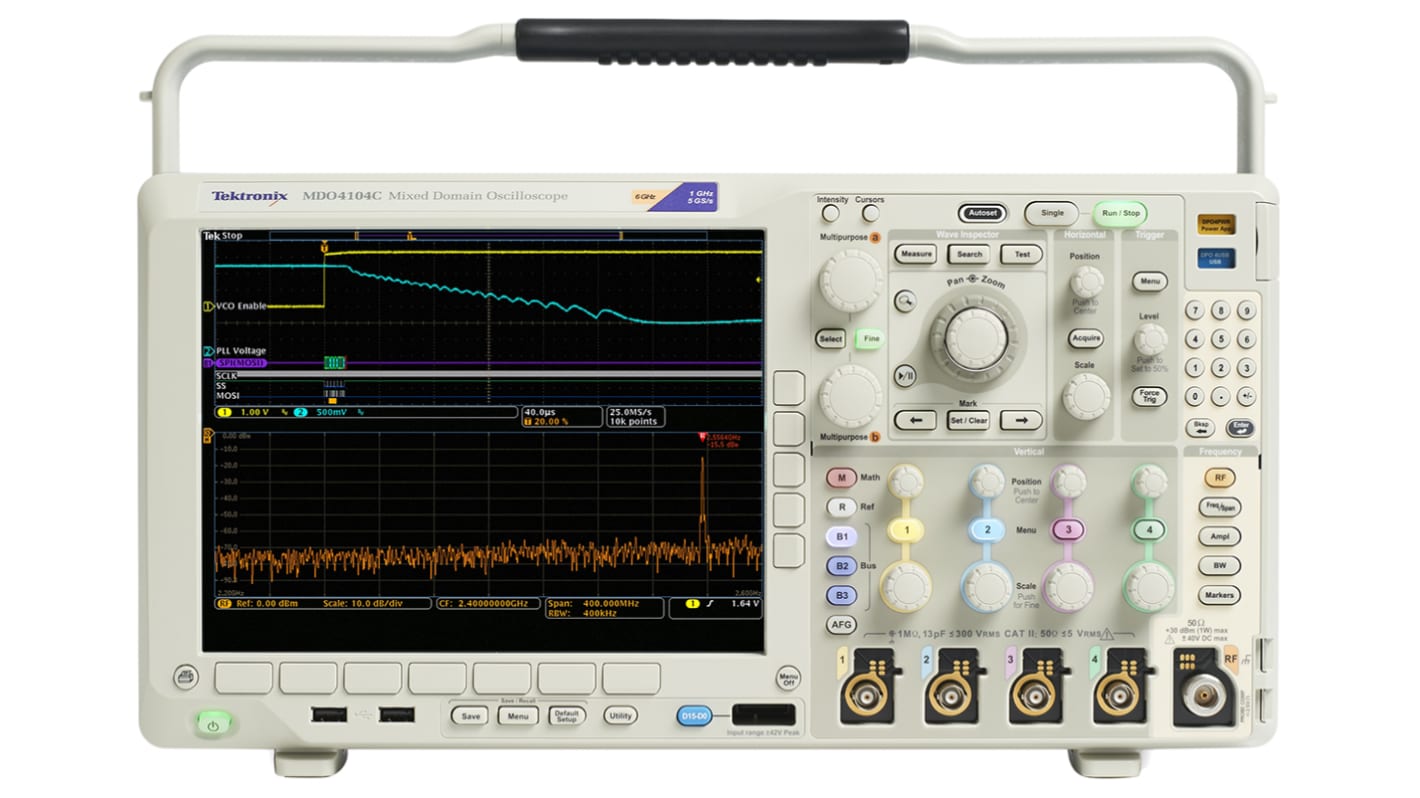 Osciloscopio de banco Tektronix MDO4104C+MDO4SA3, canales:4 A, 16 D, 1GHz, pantalla de 264mm, interfaz CAN, IIC, LIN,