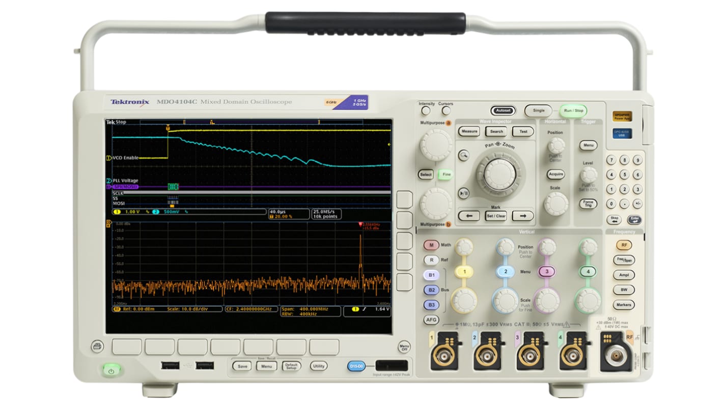 Tektronix MDO4104 Oszilloskop 4-Kanal Analog / 16 Digital 1GHz, DKD/DAkkS-kalibriert CAN, IIC, LIN, RS232, RS422,