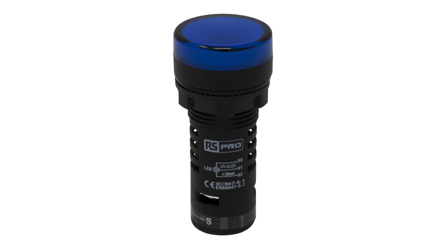 Voyant lumineux LED RS PRO Bleu 24V c.a. / V c.c., Ø découpe 22mm, Montage panneau, IP65