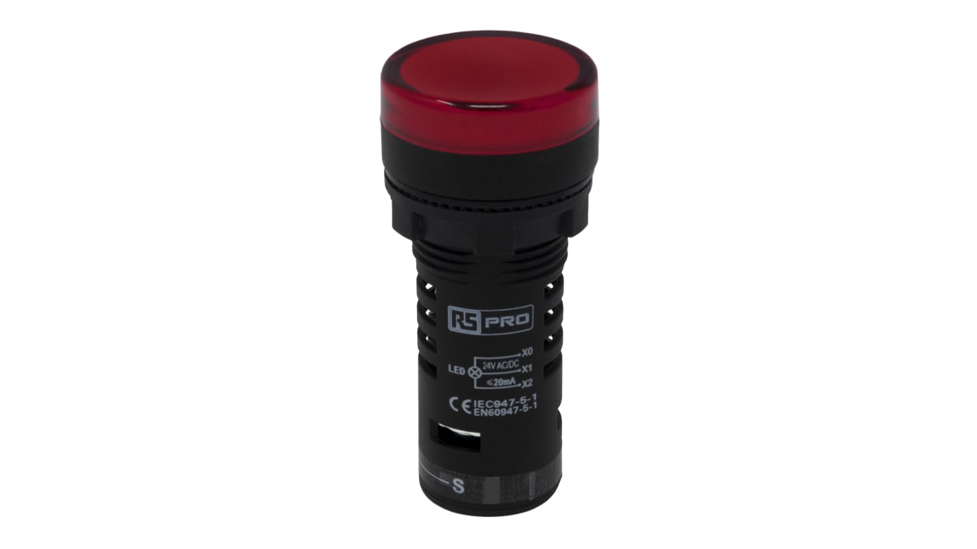 Voyant lumineux LED RS PRO Rouge 24V c.a. / V c.c., Ø découpe 22mm, Montage panneau, IP65