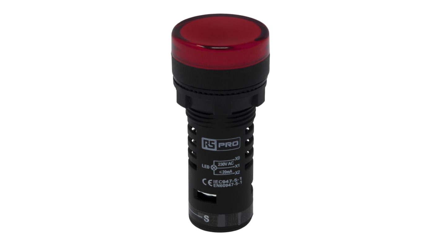 RS PRO, Panel Mount Red LED Pilot Light, 22mm Cutout, IP65, Round, 230V