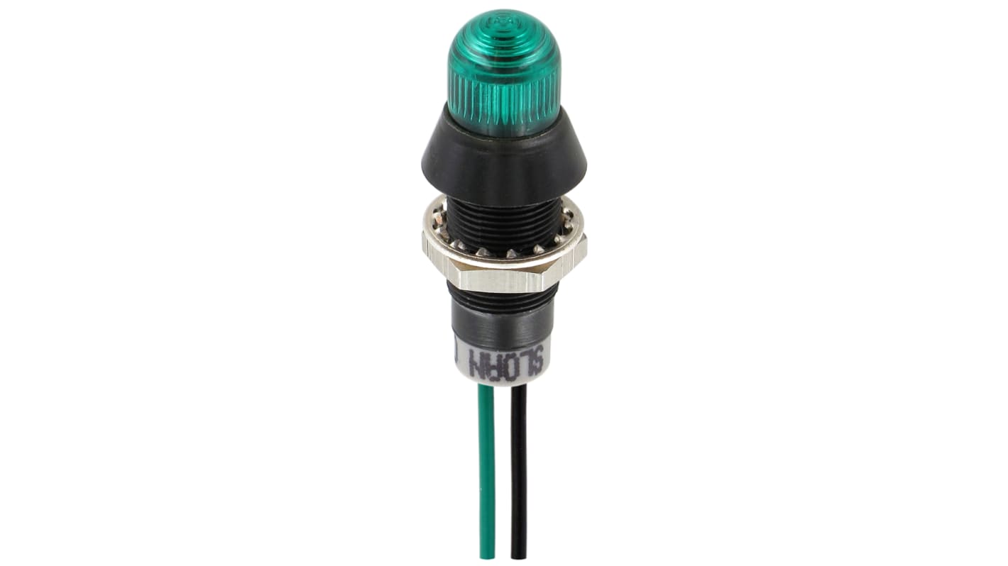 Sloan Grøn Lysdiode Panelmonteret kontrollampe 8.2mm hulstr., Fremspringende, Ledninger, 5 → 28V dc, Sort