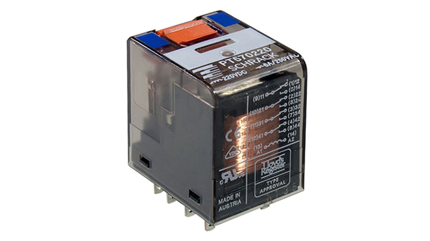 TE Connectivity Plug In Power Relay, 220V dc Coil, 6A Switching Current, 4PDT