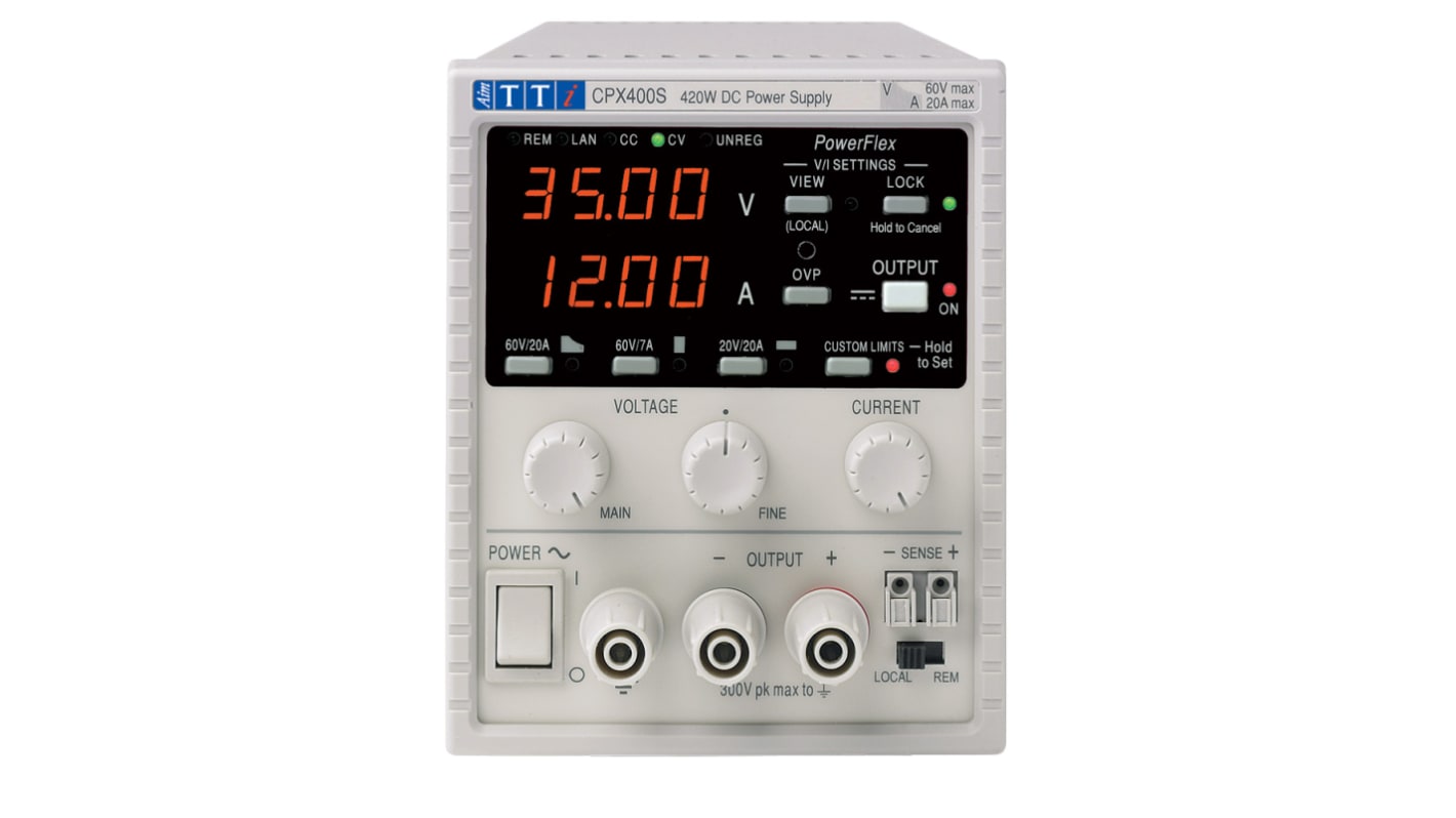 Fuente de alimentación Aim-TTi CPX400S, calibrado UKAS, 1 salida, 0 → 60V, 0 → 20A, 420W