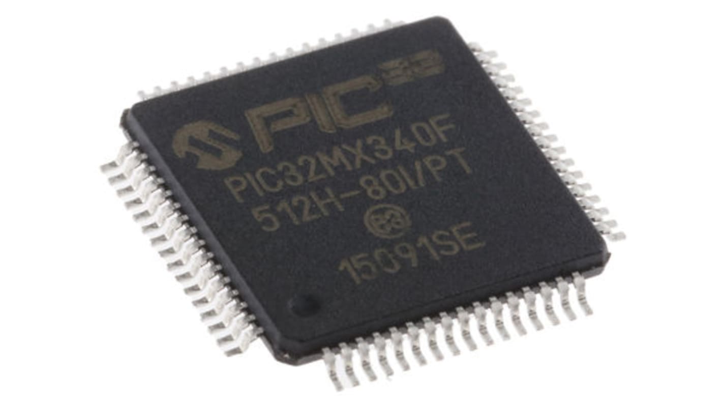 Microcontrolador Microchip PIC32MX340F512H-80I/PT, núcleo PIC de 32bit, RAM 32 kB, 80MHZ, TQFP de 64 pines