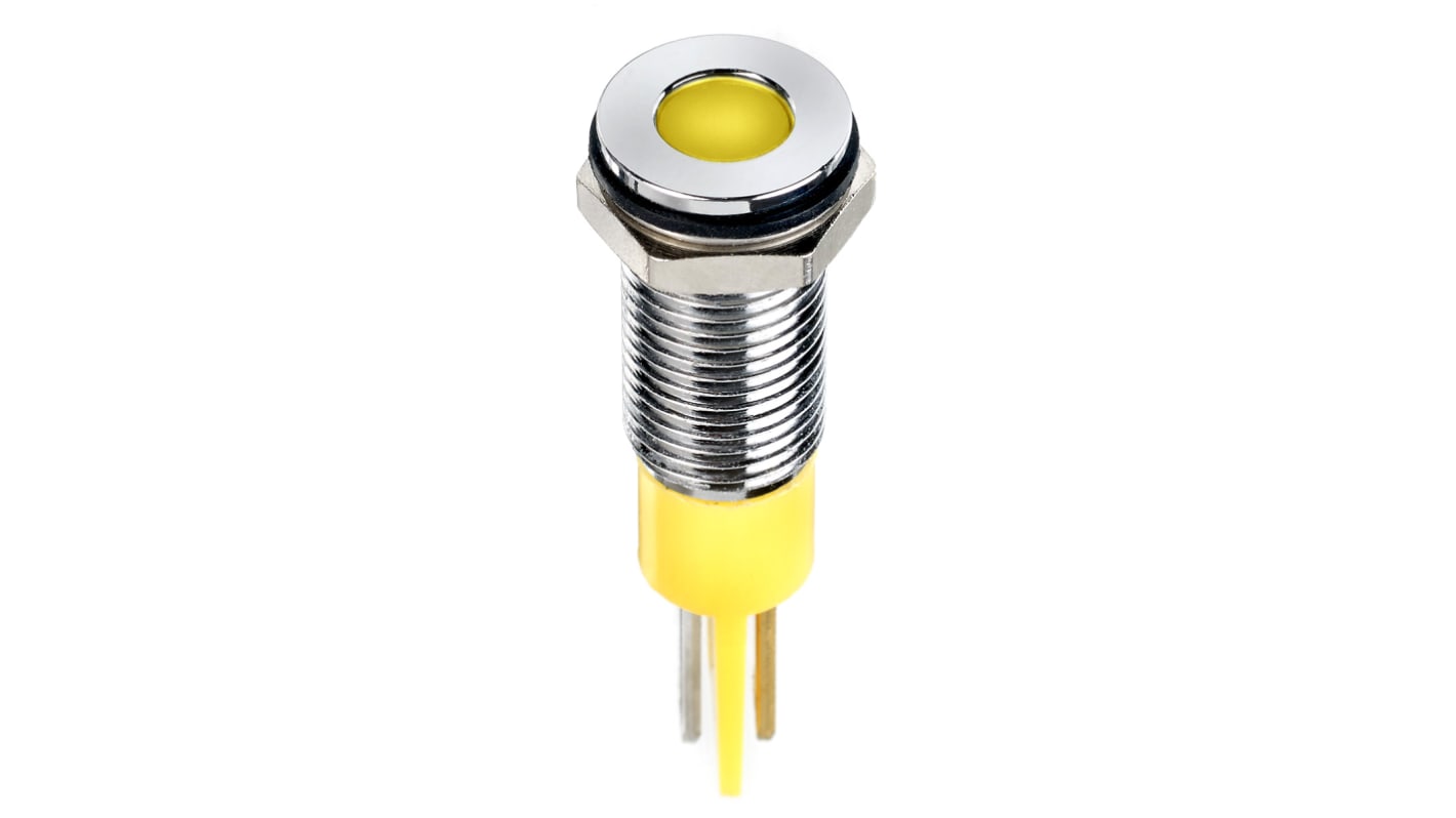 Indicador LED RS PRO, Amarillo, lente enrasada, marco Cromo, Ø montaje 8mm, 24V dc, 20mA, 250mcd, IP67