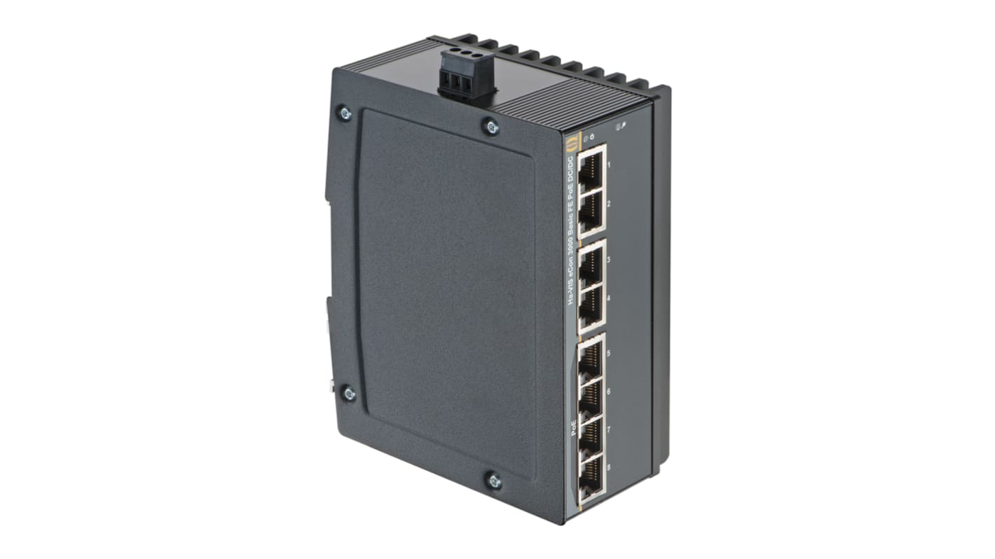 HARTING Ha-VIS eCon 3000 Unmanaged Ethernet Switch, 8 x RJ45 / 10/100Mbit/s, bis 100m für DIN-Schienen, 24V dc