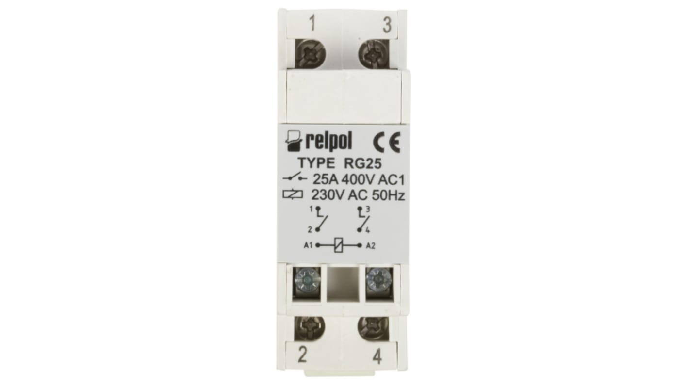 Relpol DIN Rail Non-Latching Relay, 253V ac Coil, 25A Switching Current, DPST