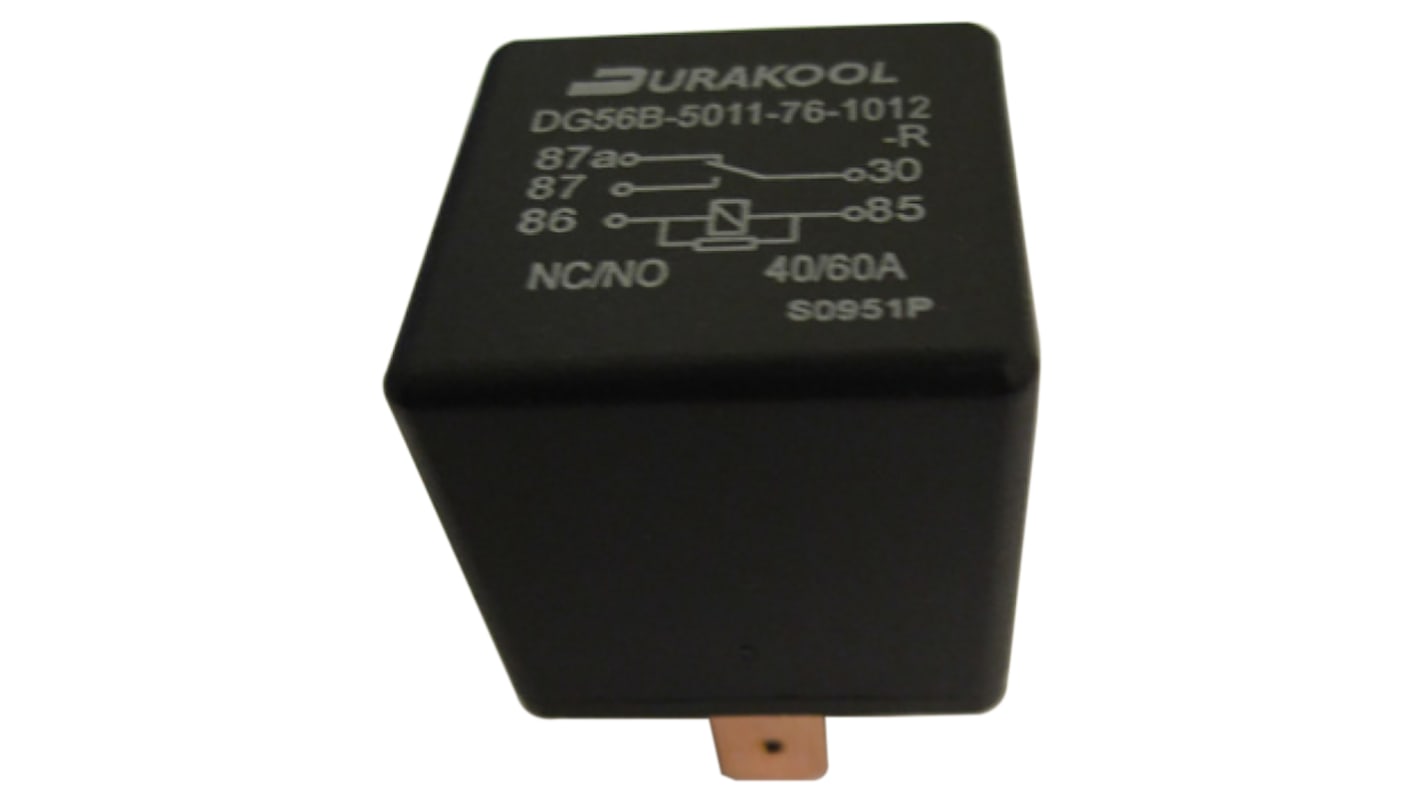 Durakool Plug In Automotive Relay, 12V dc Coil Voltage, 40A Switching Current, SPDT