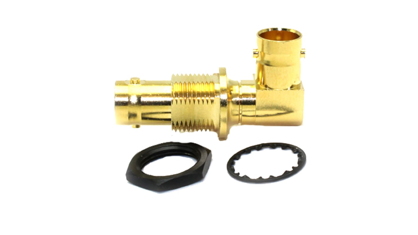 Adaptador coaxial COAX Connectors 10-538-W66 75Ω, Hembra Ángulo de 90° BNC a Hembra BNC, 6GHz Oro