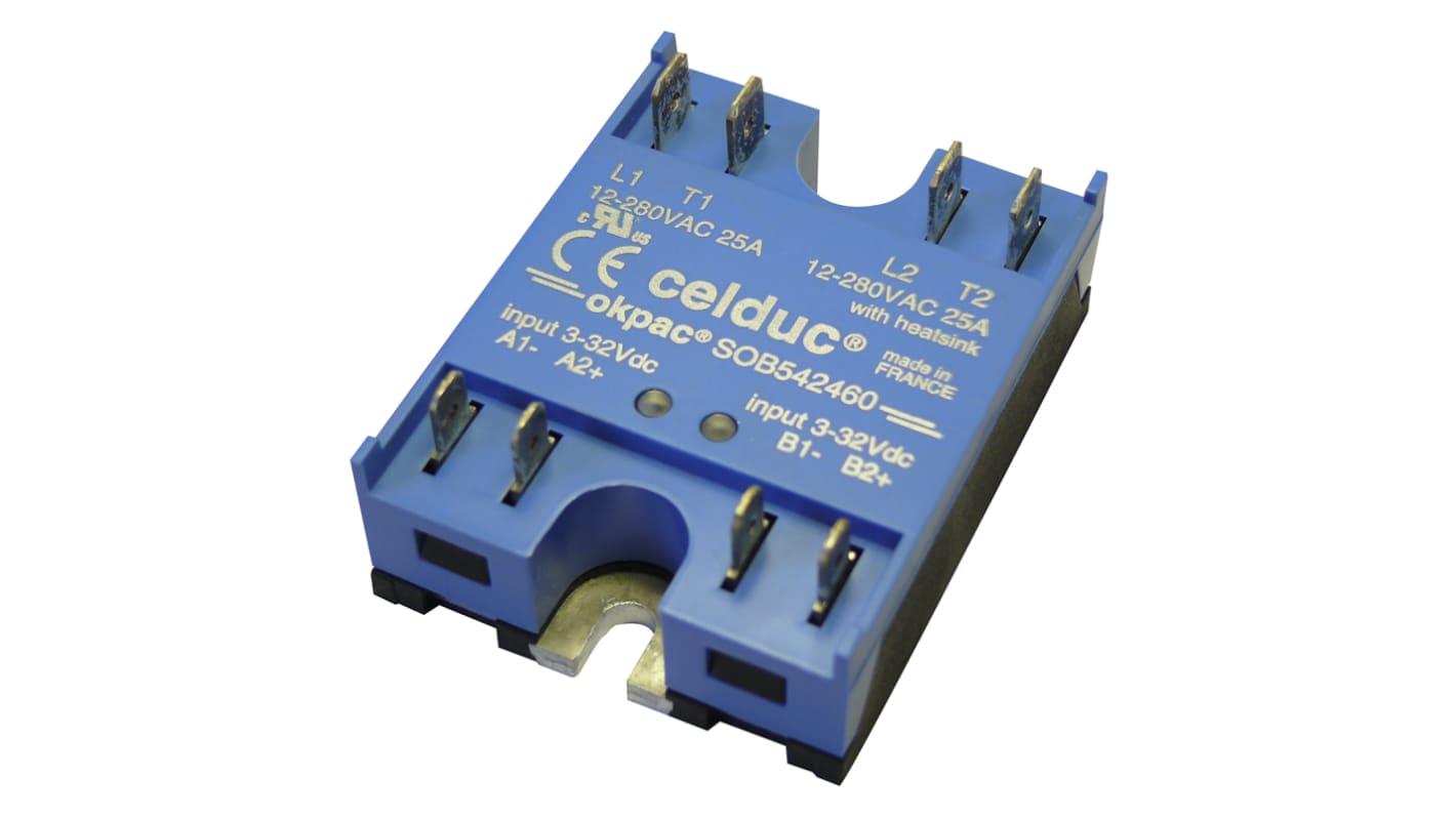 Relé de estado sólido Celduc dual okpac SOB5 de 2 polos, control 3 → 32 V dc, carga 12 → 280V ac, 2 x 25