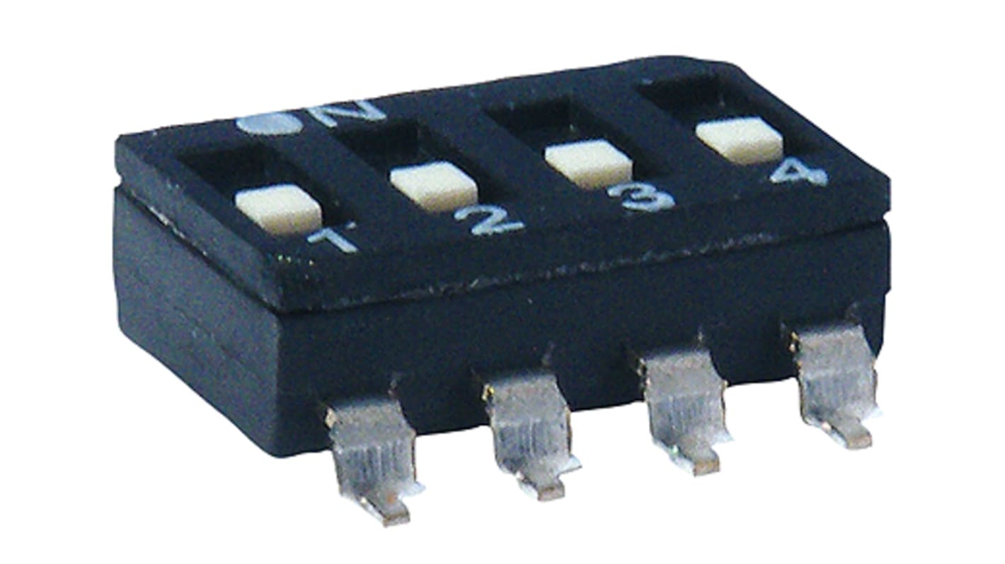 Interruptor DIP, 8PST, Montaje superficial, Actuador Elevado, 100 (sin conmutación) mA, 25 (conmutación) mA, 8 vías
