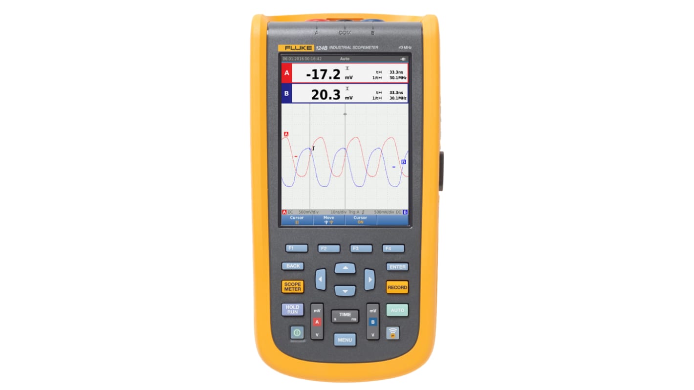 Osciloscopio de mano Fluke 124 B, canales:2 A, 40MHZ, pantalla de 5.7plg, interfaz CAN, RS232, RS422, RS485, USB