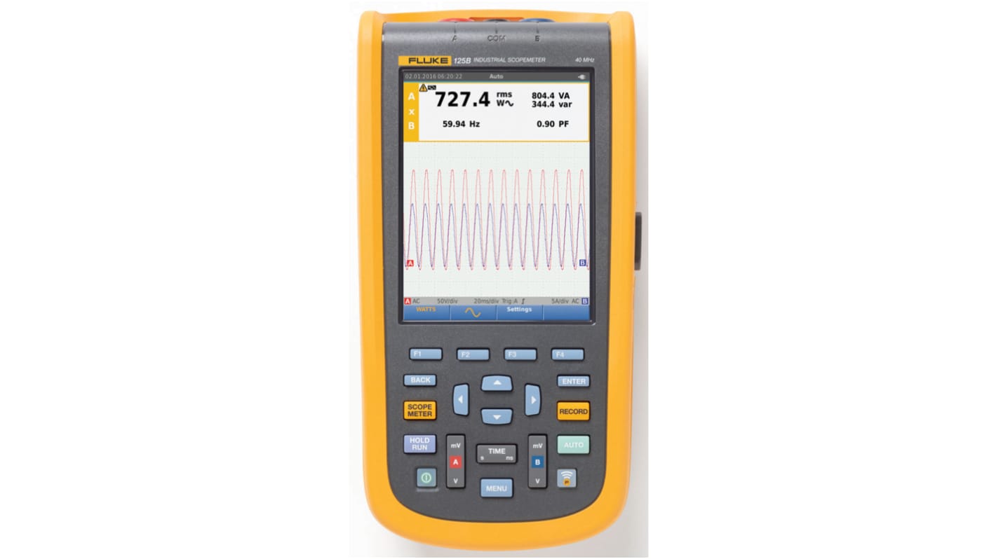 Osciloscopio de mano Fluke 125 B, calibrado RS, canales:2 A, 40MHZ, pantalla de 5.7plg, interfaz CAN, RS232, RS422,