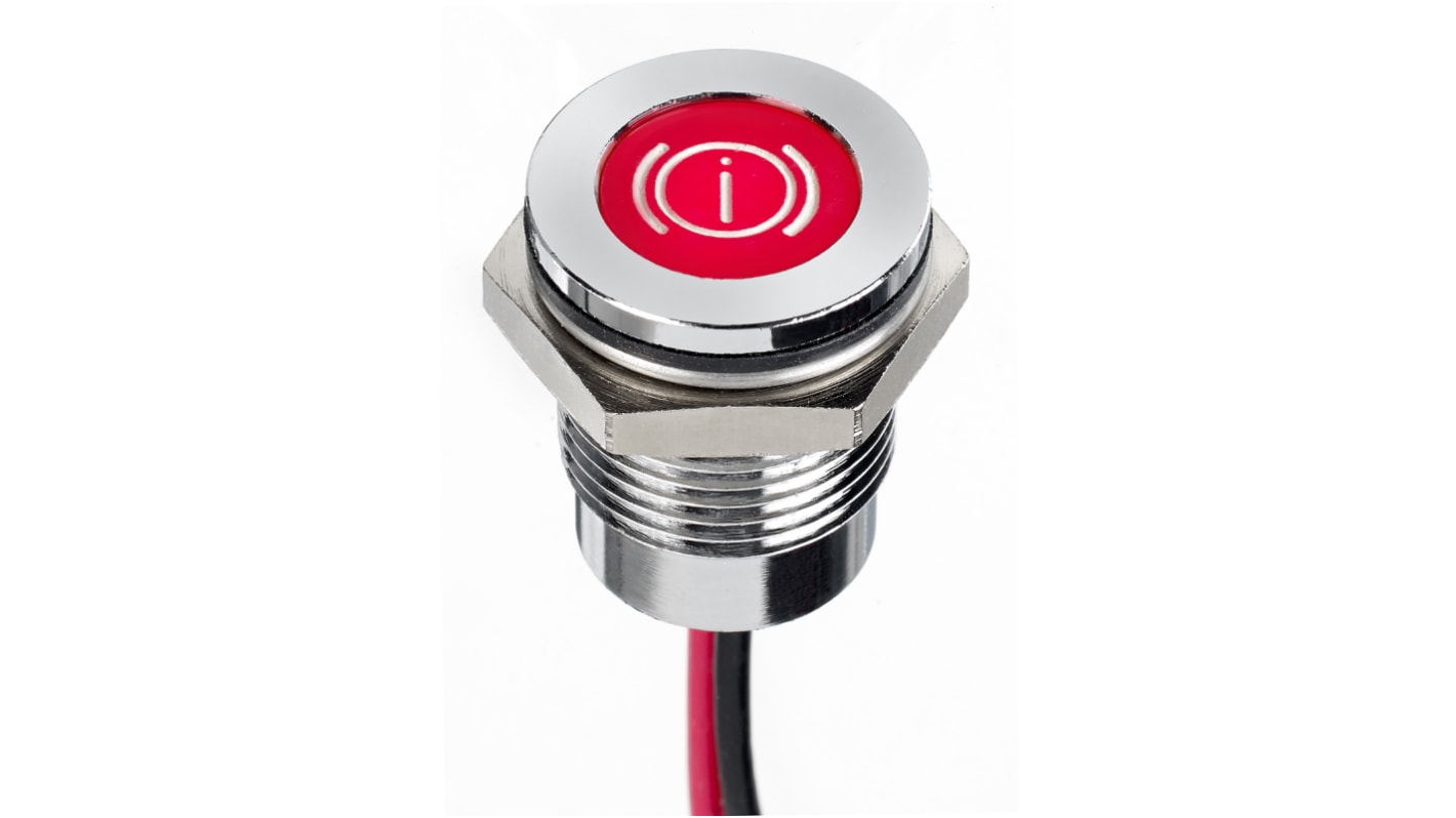 APEM Red Panel Mount Indicator, 12V dc, 14mm Mounting Hole Size, Lead Wires Termination, IP67