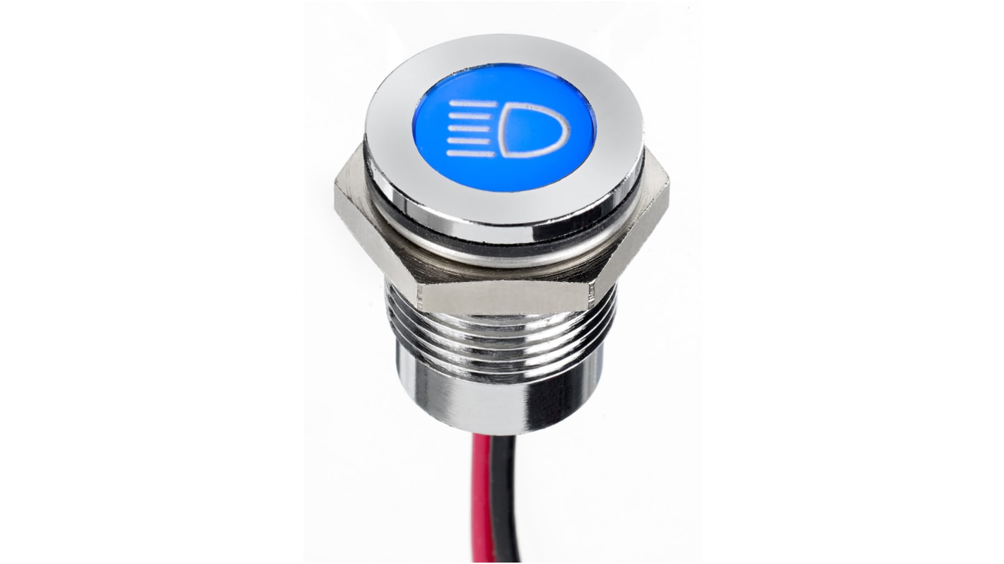 Indicador LED APEM, Azul, lente enrasada, marco Cromo, Ø montaje 14mm, 12V dc, 20mA, 100mcd, IP67