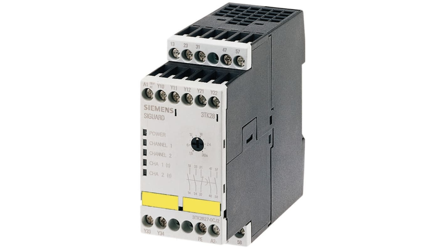 Relé de seguridad Siemens SIRIUS 3TK28 de 1 canal, para Bloqueo/interruptor de seguridad, 24V dc