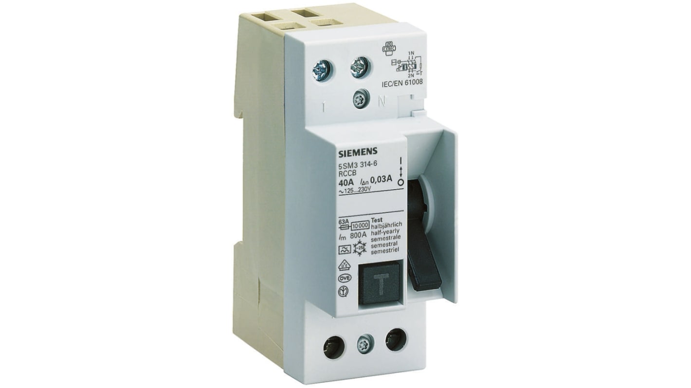 Siemens 1P+N 40 A RCD Switch, Trip Sensitivity 30mA