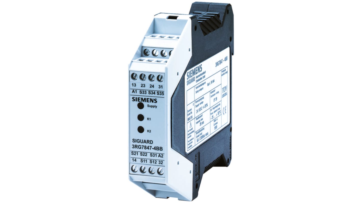 3RG78474BB Siemens Emergency Stop Safety Relay, 24V ac/dc, 2 Safety