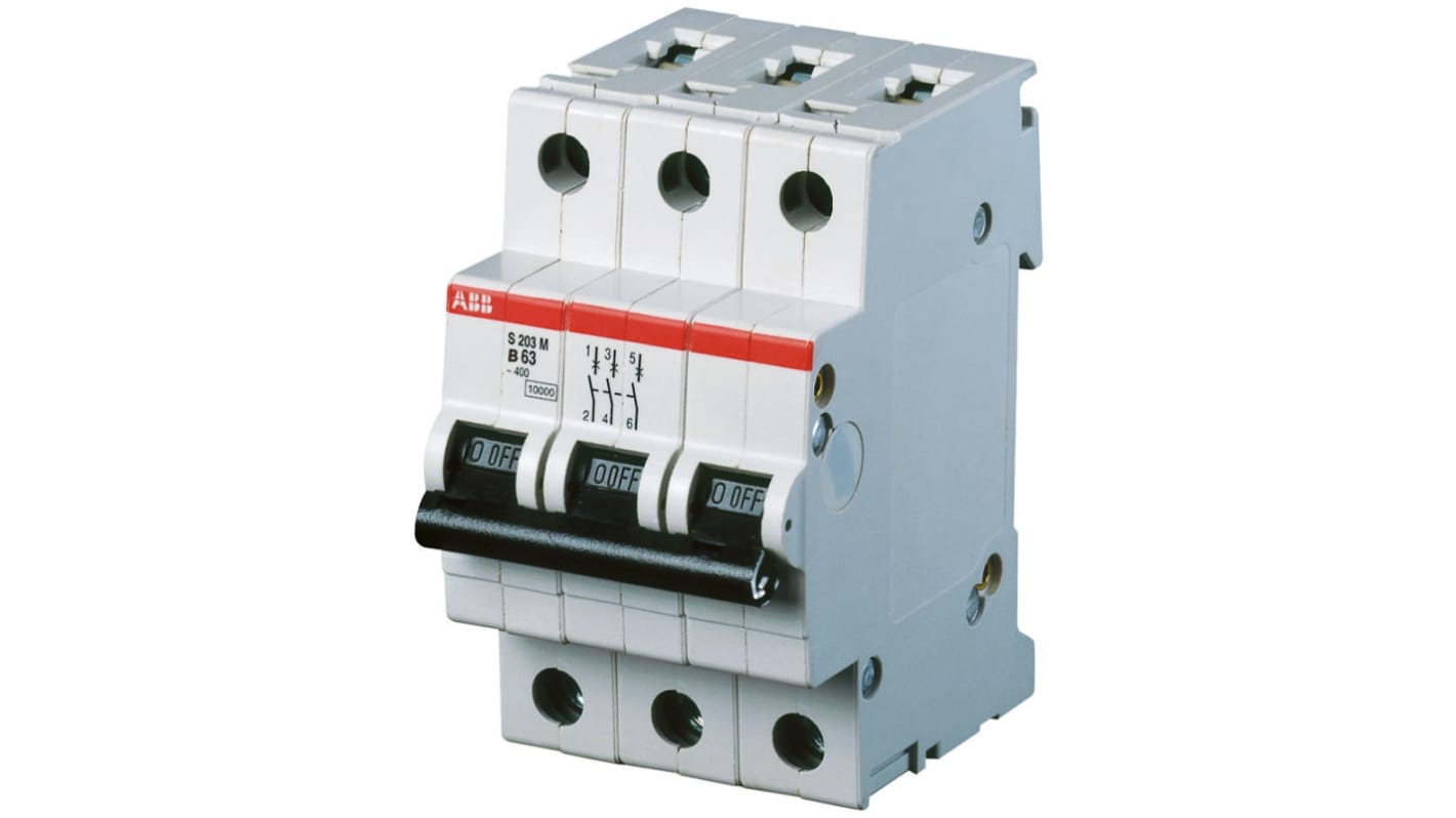 ABB System Pro M Compact S200M MCB, 3P, 63A Curve B, 440V AC, 10 kA Breaking Capacity