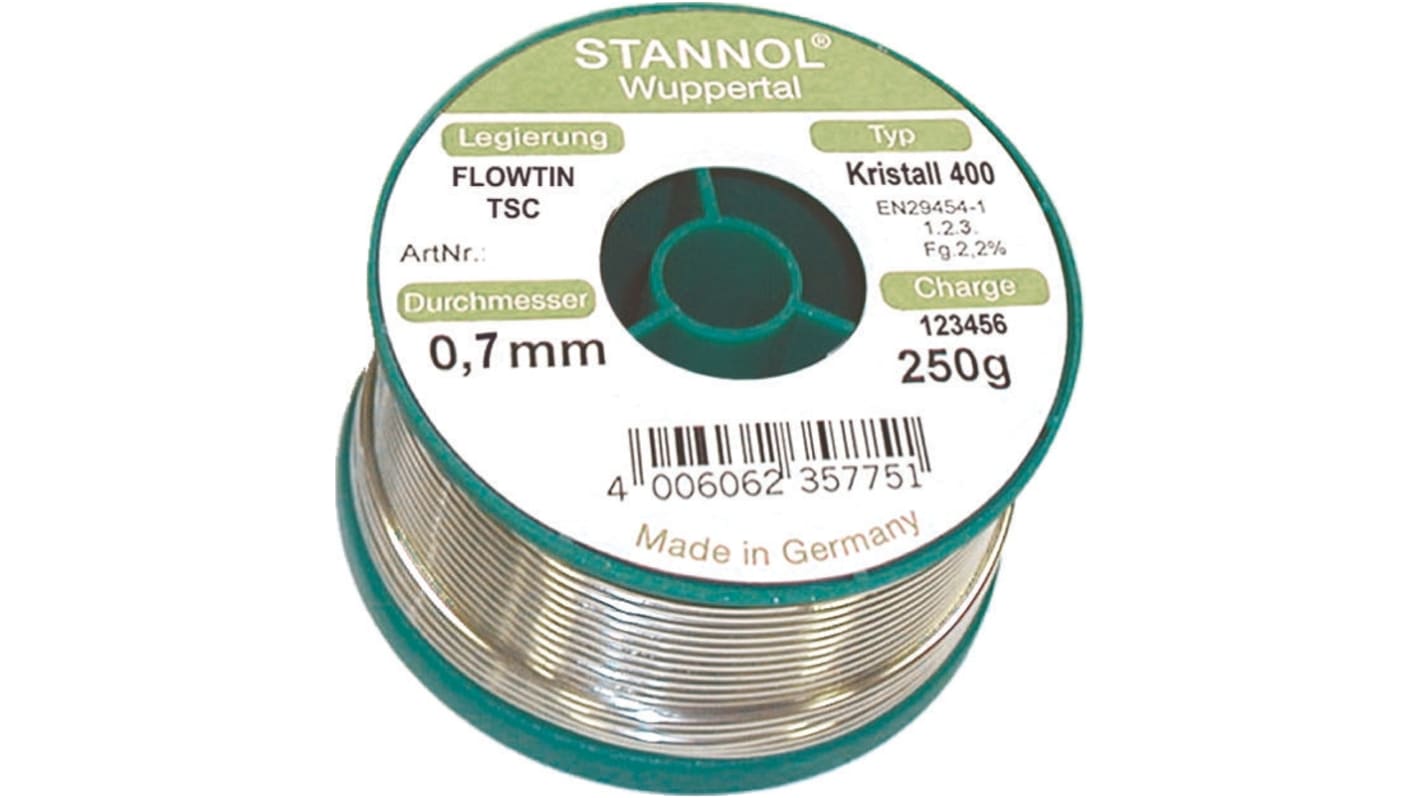 Stannol Kristall 400 Halogenfreies Lötzinn bleifrei 97.1%Sn 0%Pb 0.3%Cu 2.6%Ag, 217°C, Ø 1mm / 100g