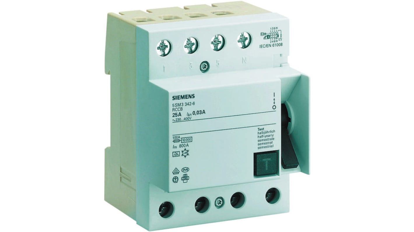 Siemens 5SM3 Residual Current Circuit Breaker, 63A, 3+N Pole, 30mA, Type A, 400V