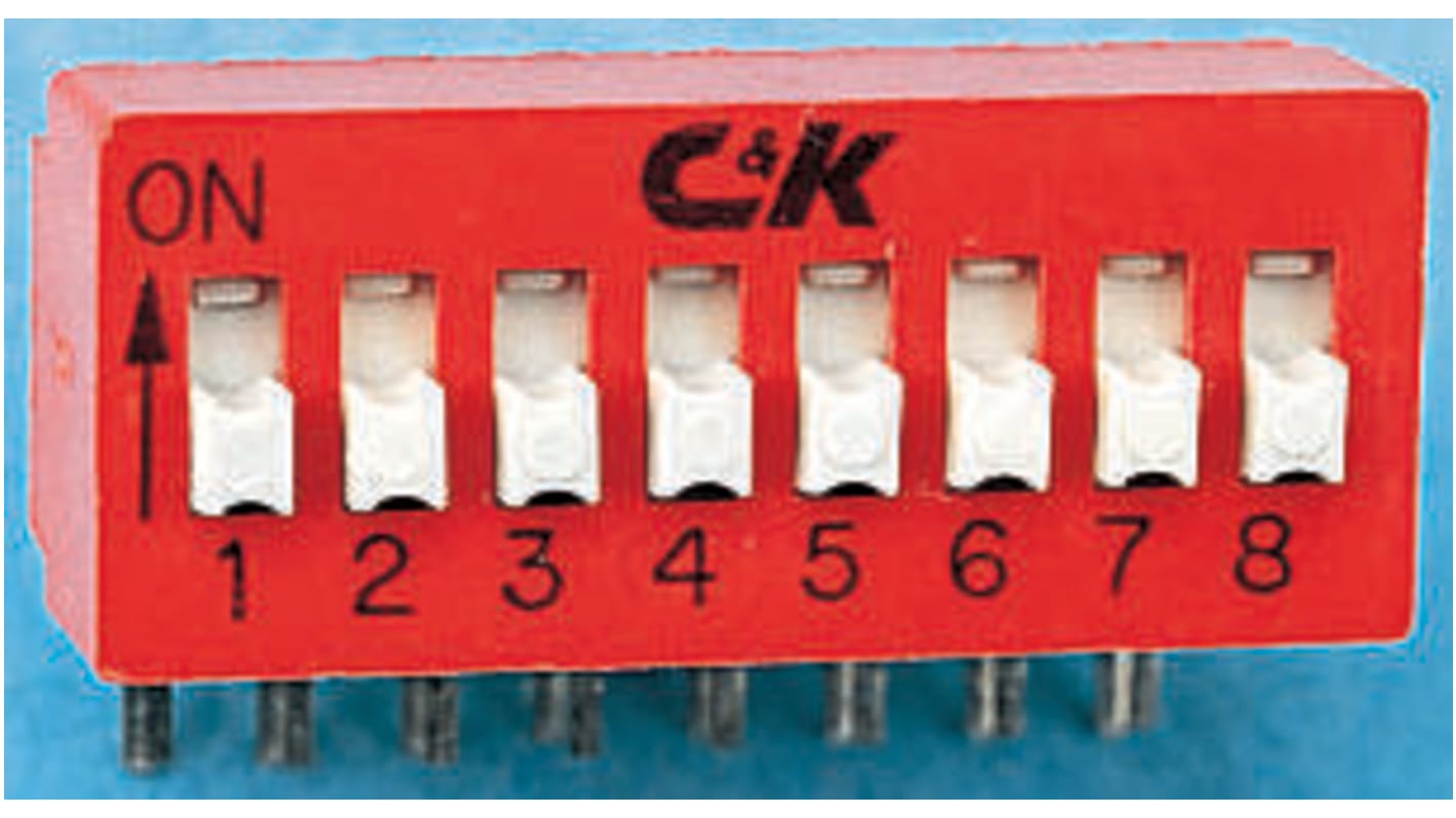 Interruptor DIP, SPST, Montaje en orificio pasante, Actuador Deslizante, 100 mA a 25 V dc, 6 vías, -40 → +85°C