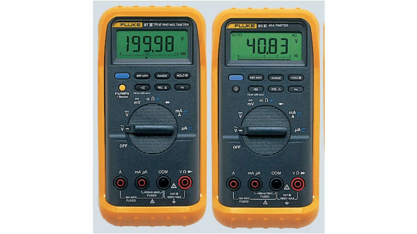 Fluke 83V Handheld Digital Multimeter, True RMS, 10A ac Max, 10A dc Max, 1000V ac Max