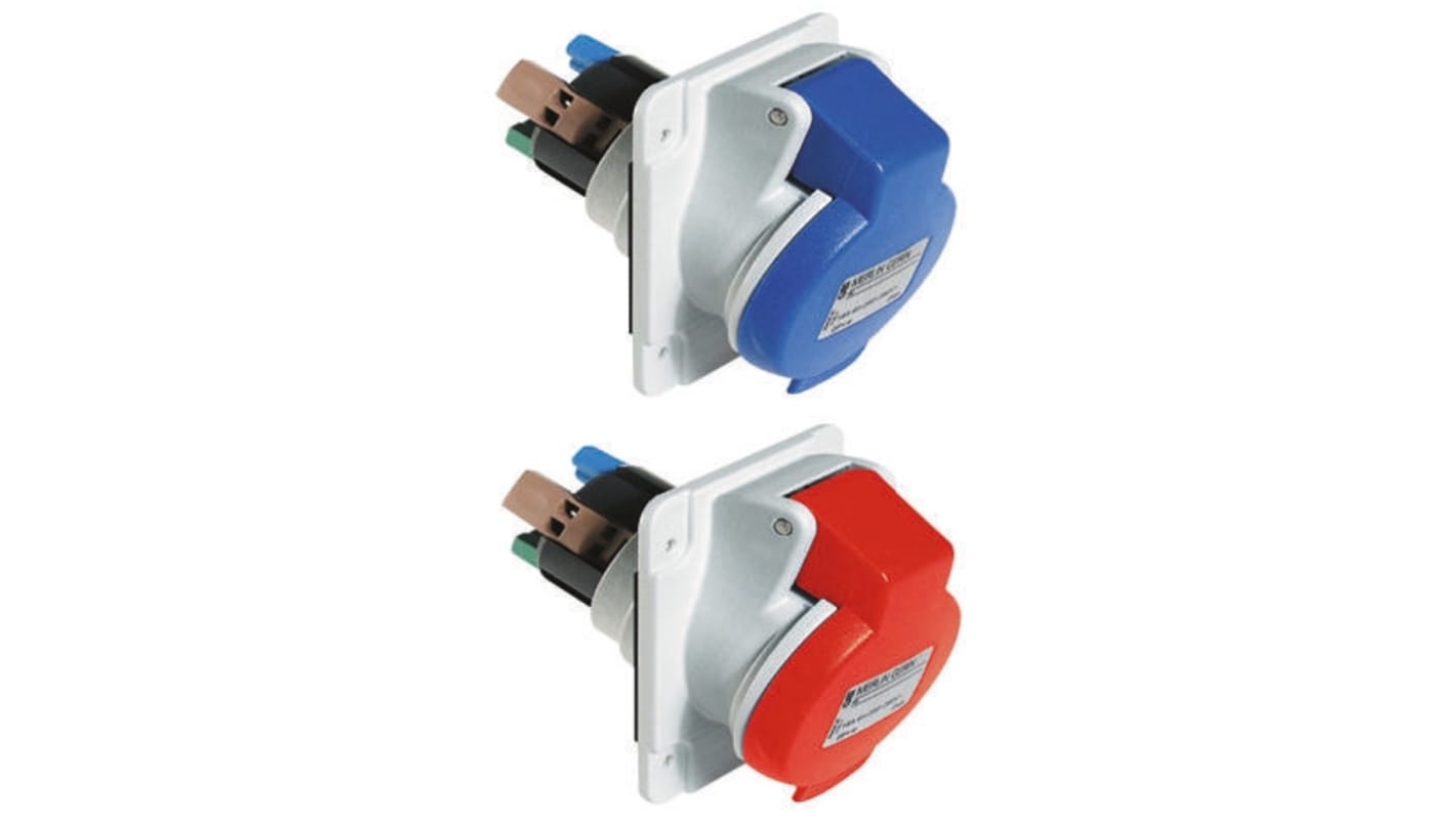 Conector de potencia industrial Hembra, Formato 3P + E, Orientación Ángulo de 90° , PratiKa, Rojo, 415 V, 16A, IP44