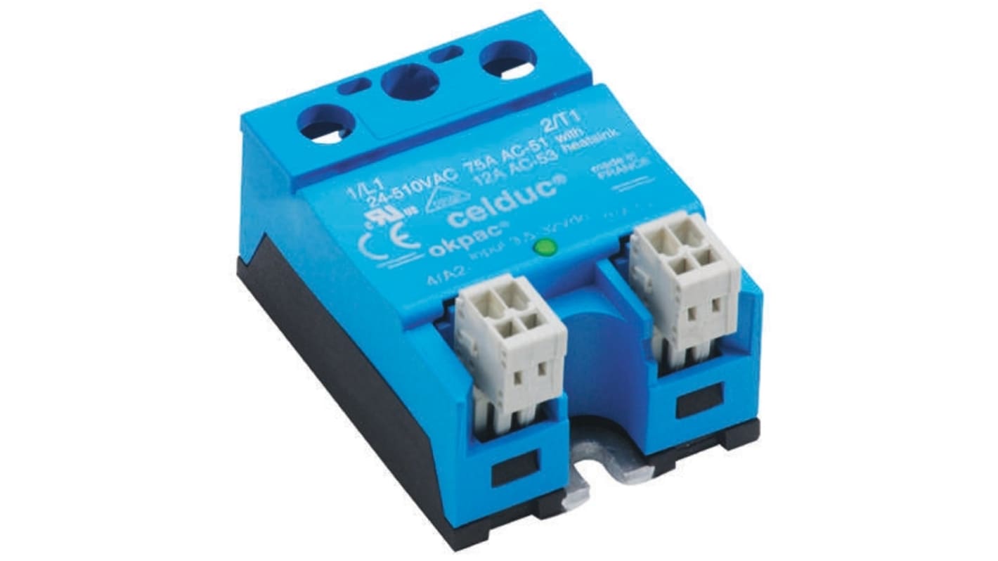 Relé de estado sólido Celduc okpac SOR de 1 polo, control 3,5 → 32 V dc, carga 24 → 510V ac, 75 A máx.,