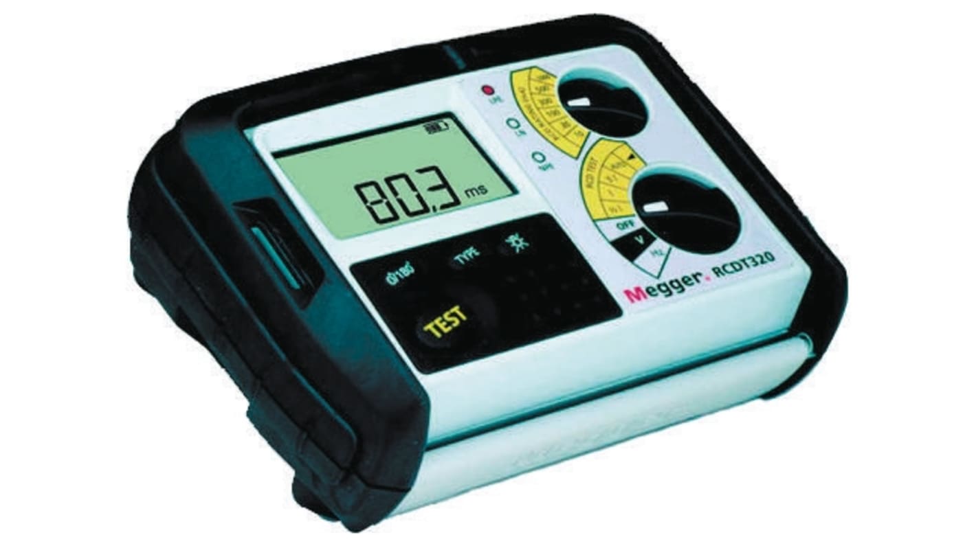 Tester RCD Megger RCDT320, prova RCD c.c. a 1000mA, CAT III 300V, display LCD, dimensioni 203 x 148 x 48mm