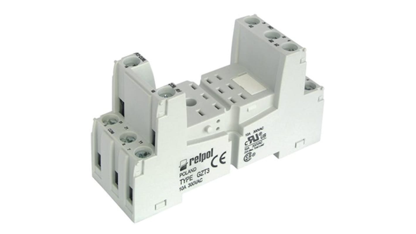 Relpol 11 Pin 300V ac DIN Rail Relay Socket, for use with R3N Relay