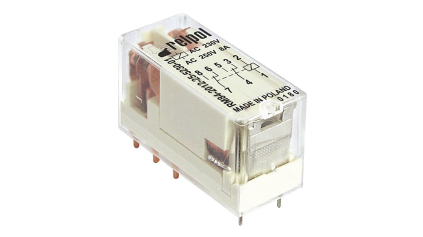 Relpol PCB Mount Power Relay, 24V dc Coil, 8A Switching Current, DPDT