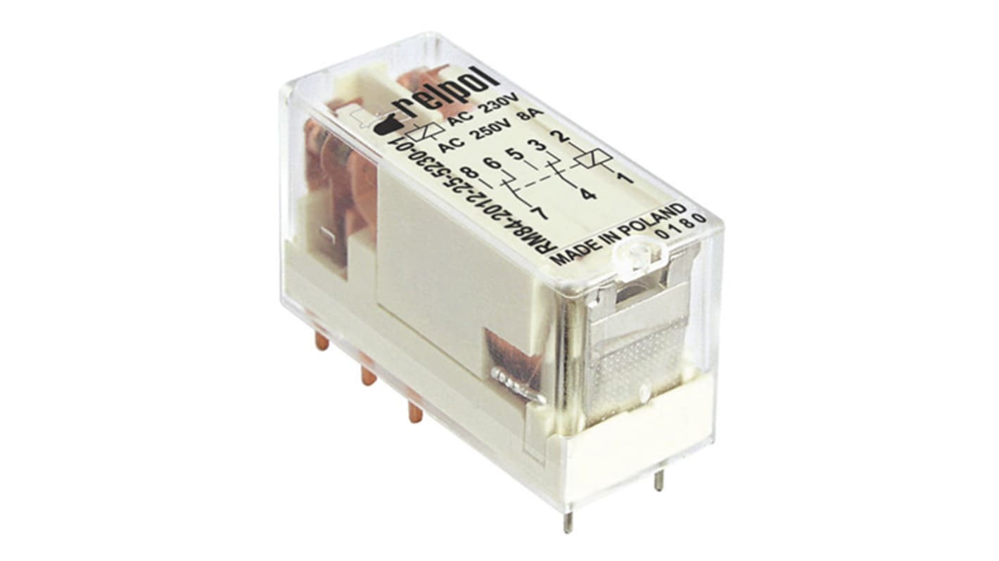 Relpol PCB Mount Power Relay, 110V ac Coil, 8A Switching Current, DPDT