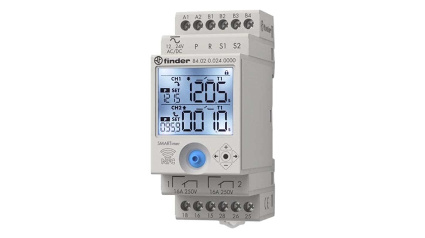 Timer Relay Finder, intervallo 0.1 s → 9999h, 2 poli, DPDT, Guida DIN