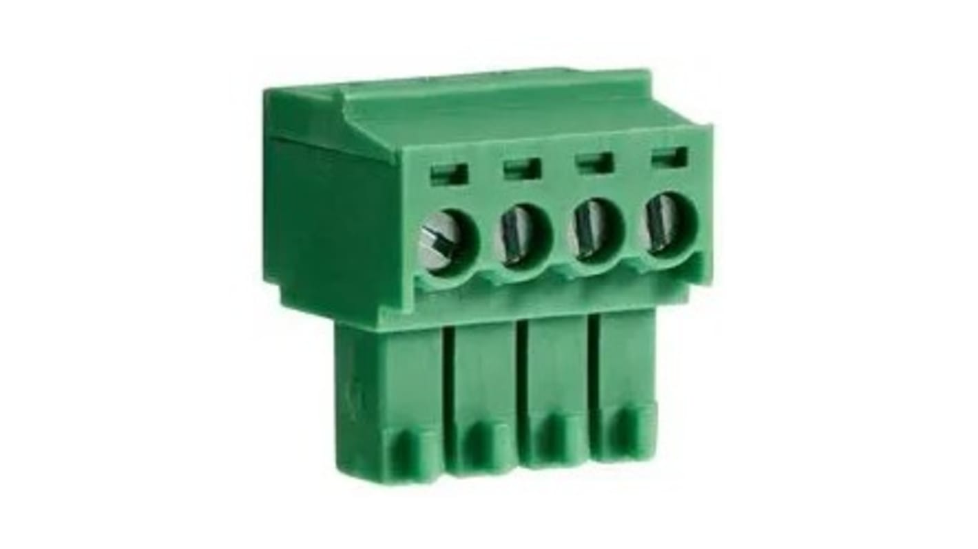 Bloque de terminal PCB Hembra Ángulo recto RS PRO de 4 vías, paso 3.5mm, 10A, de color Verde, montaje Montaje en