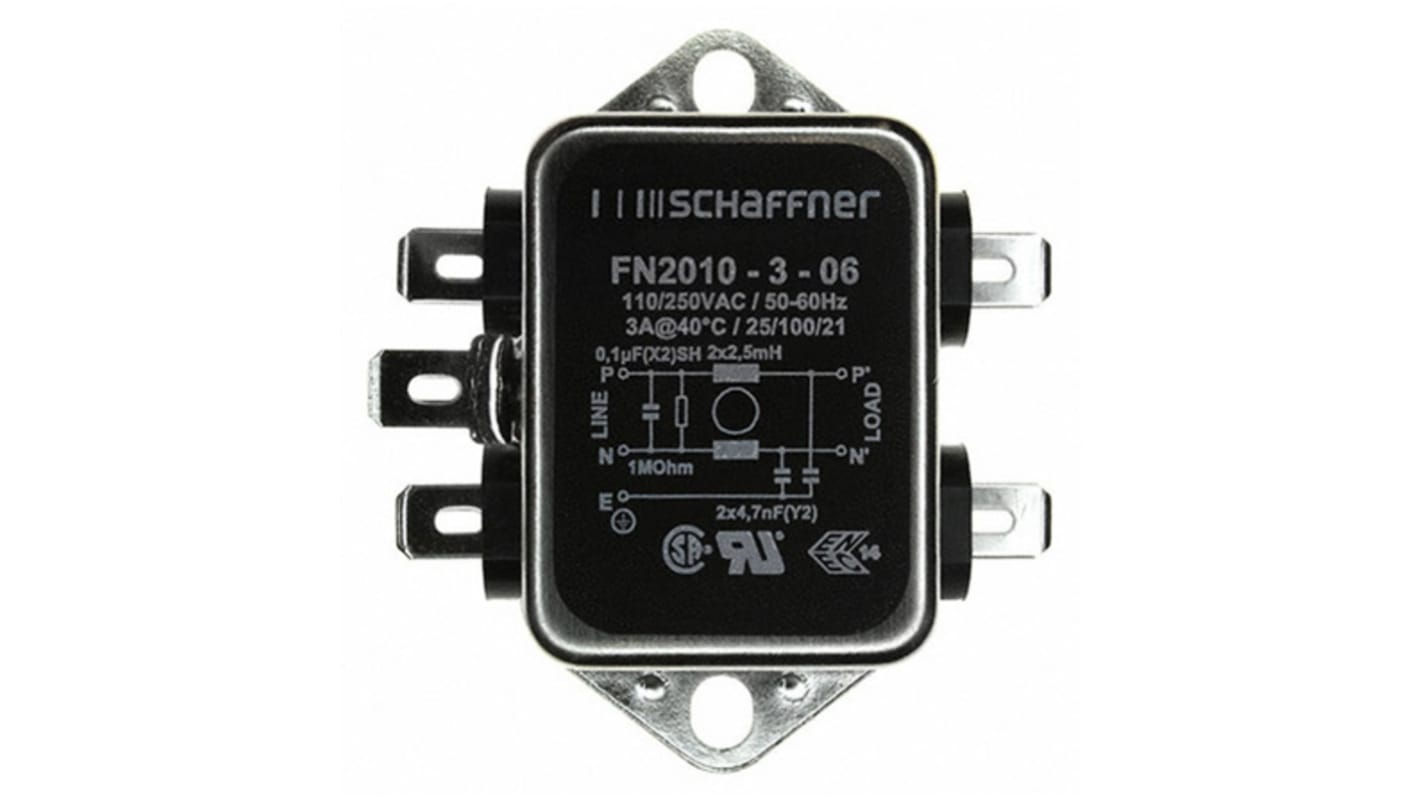 Schaffner 4.7nF EMI-szűrő 3A, 250 V AC/DC, 0 → 400Hz, Sasszira szerelhető 2,5 mH, lezárás: Fast-On 0,74 mA,